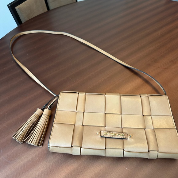 Michael Kors Woven Leather Clutch with Tassels and Strap Tan - Picture 2 of 11
